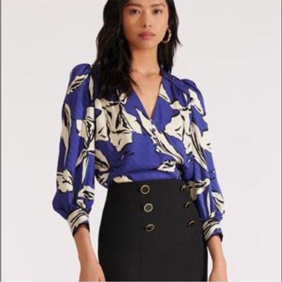 Veronica Beard Milan Blue Floral Jacquard Silk Blouse Quiet Luxury Office SZ 14 - Picture 1 of 13